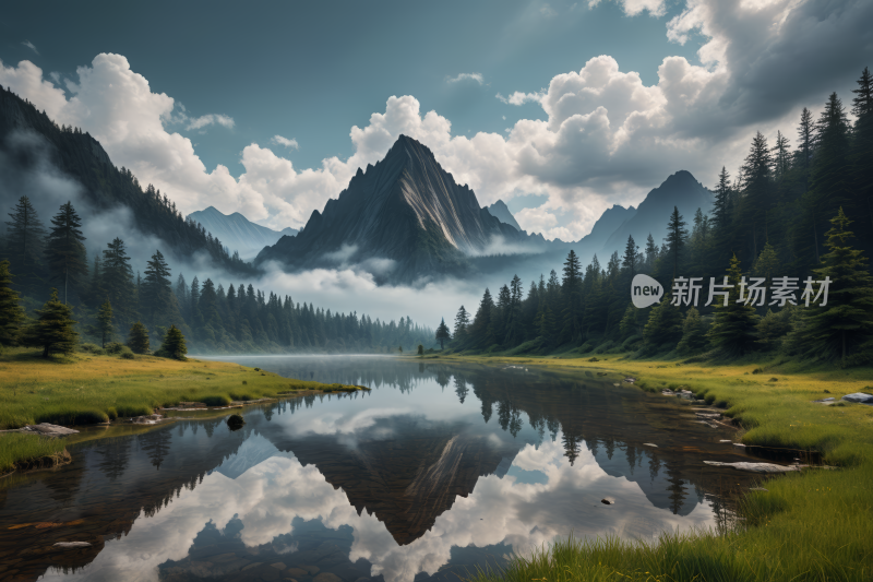 一座山山中间一个湖高清风景插画图片