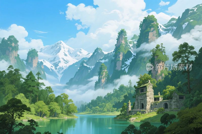 山水古风风景插画