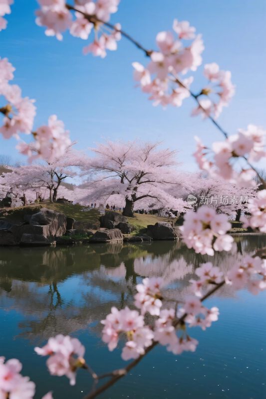 春日樱花湖景图