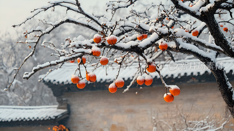 冬日里的红柿子树白雪冬天雪景柿子熟了