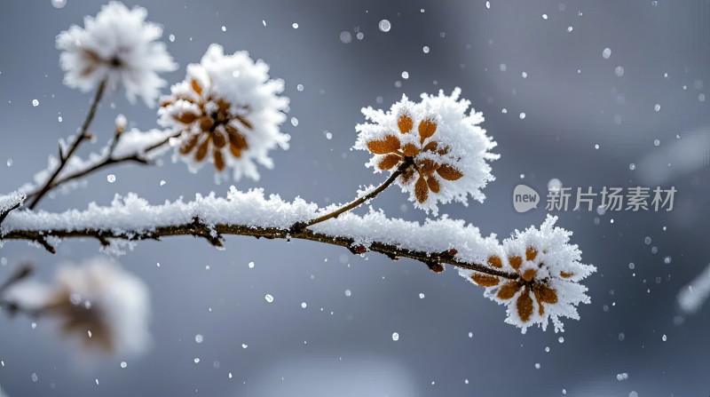 冬天雪花飞舞树枝积雪特写虚化背景