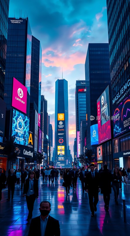 繁华都市夜景霓虹闪烁高楼林立人群熙攘