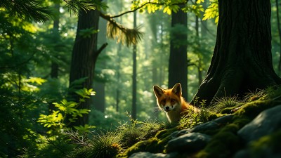 阳光下的森林小狐狸探出头