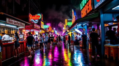 霓虹灯下的繁华夜市热闹非凡