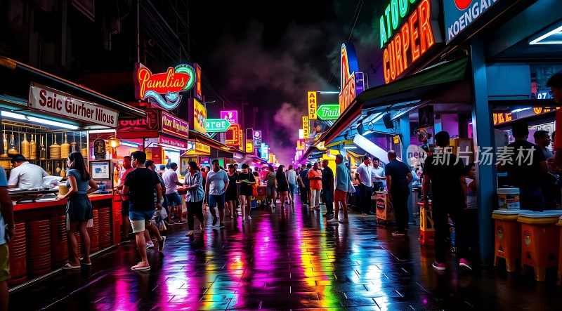 霓虹灯下的繁华夜市热闹非凡