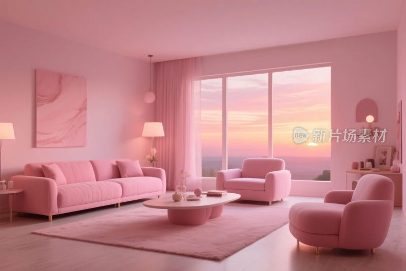 粉色温馨客厅插画