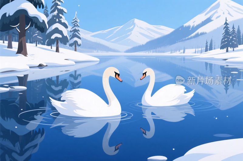 冬季湖面天鹅插画
