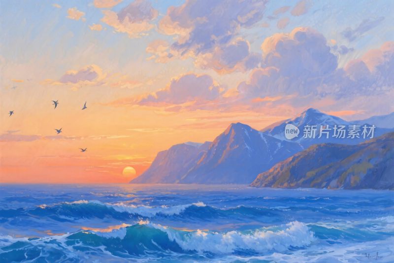 海边日落风景插画