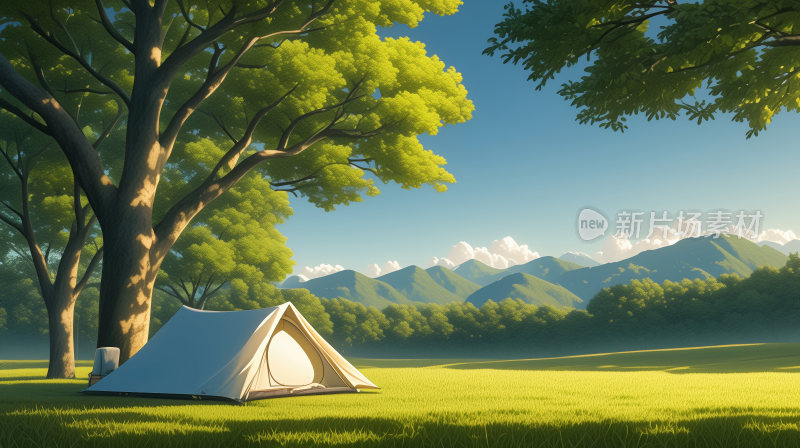 晴朗的天气，绿油油的草坪，树荫下的帐篷