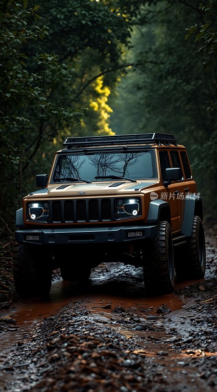 森林探险橙色越野车勇闯泥泞小径