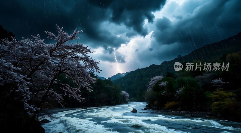 暴风雨中的樱花与闪电