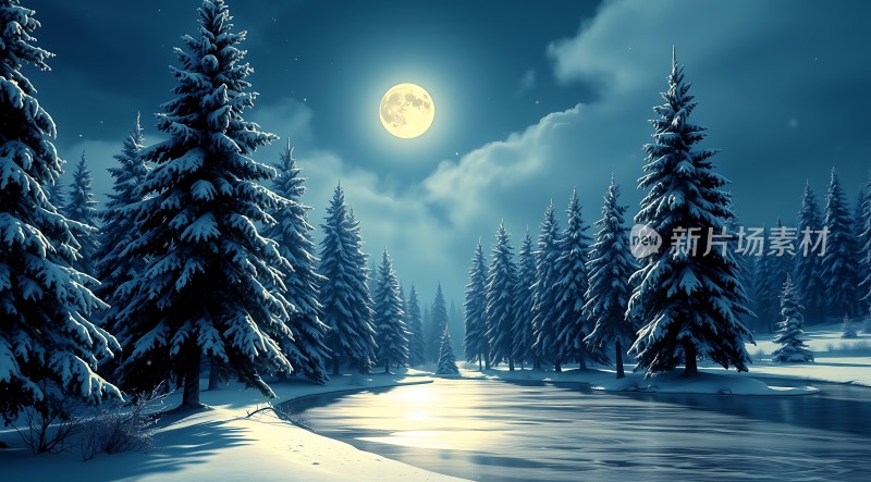 雪夜月下静谧森林