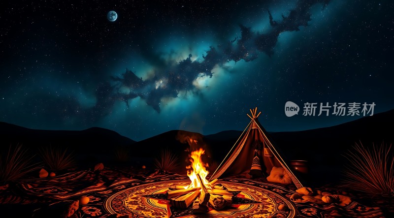 星空下的篝火旁神秘帐篷静候