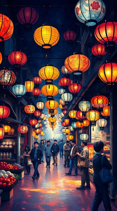 灯笼夜市繁华街景