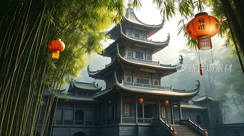 竹影婆娑古楼旁红灯笼下映斜阳