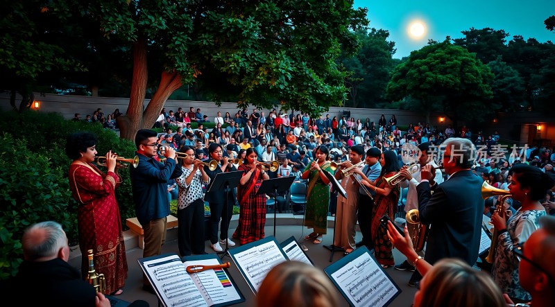 夜晚户外音乐会乐队演奏吸引观众
