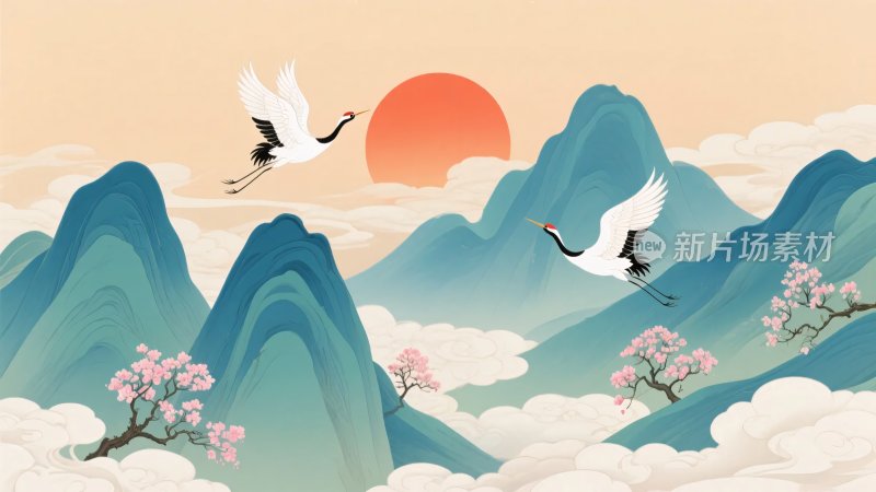 山水间双鹤伴日飞翔图景