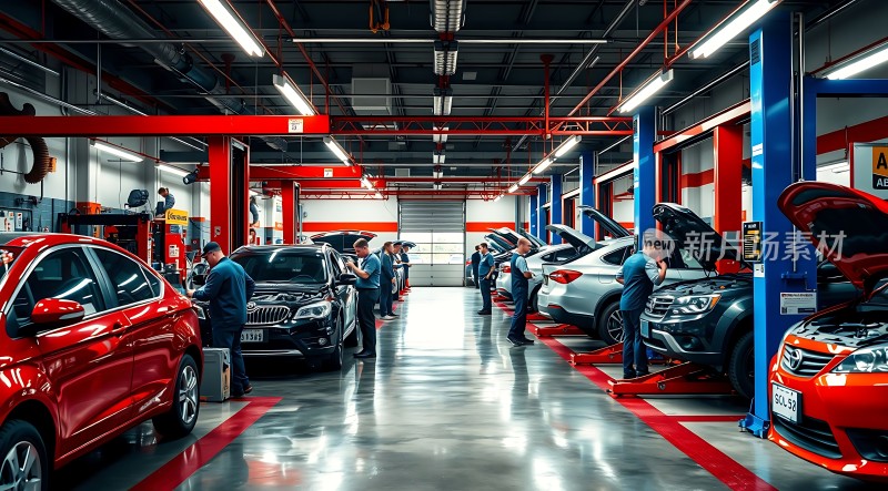 汽车维修车间红蓝相间工人们忙碌着车辆整齐排列