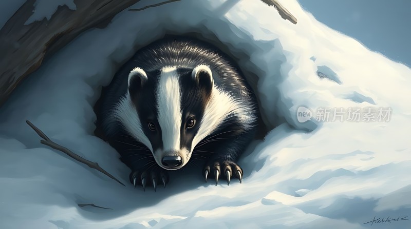 雪地探出头的小獾