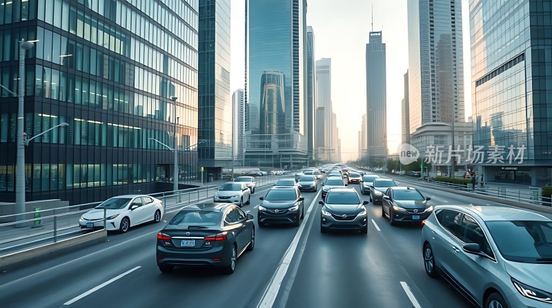 都市车流高峰期高楼大厦间穿梭不息