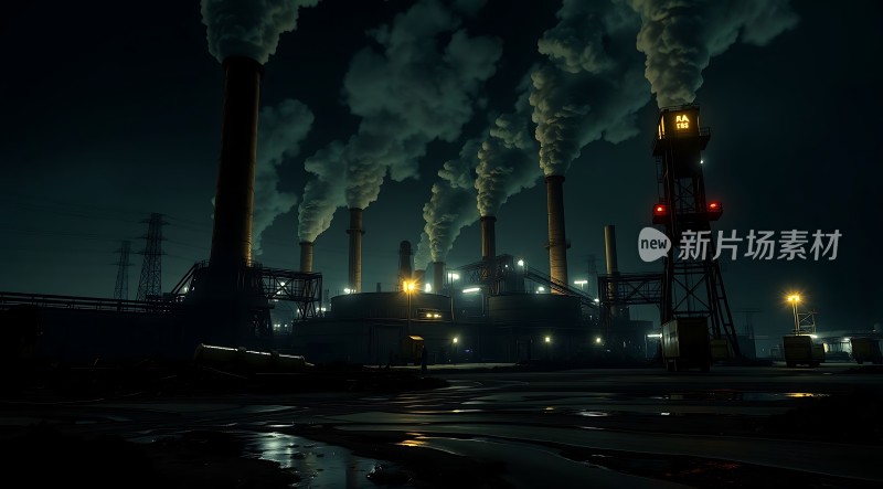 工业之夜烟囱与灯光交织的夜景