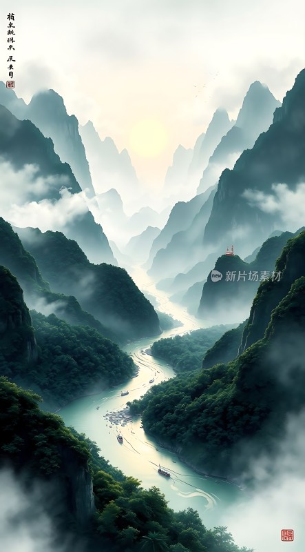 云雾缭绕的山川与蜿蜒河流