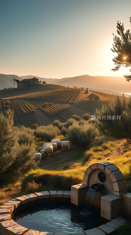 晨光下的田园风光羊群与石井