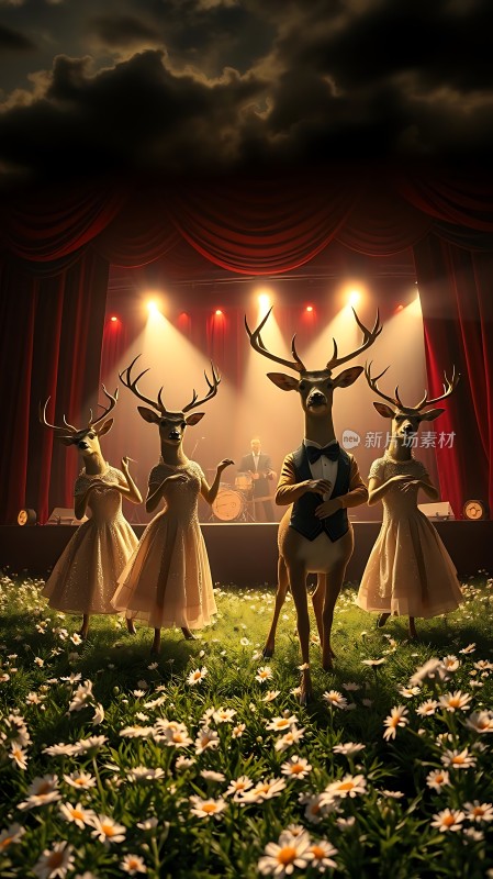 舞台上的四只穿着礼服的鹿在表演