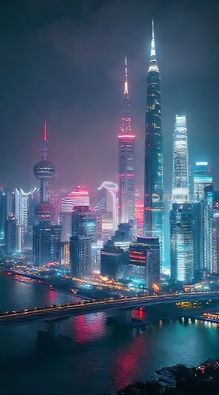 上海夜景黄浦江畔摩天大楼璀璨夺目