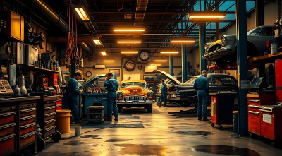机械车间里的维修人员与经典汽车 机械车间里的维修人员与经典汽车
