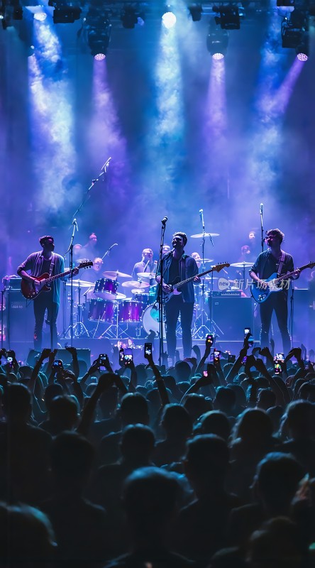 舞台灯光下的乐队演出观众热情高涨
