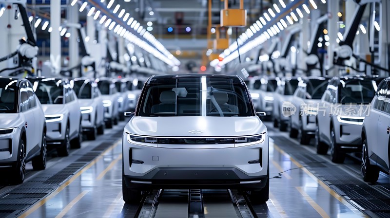 现代工厂生产线上的白色新能源汽车