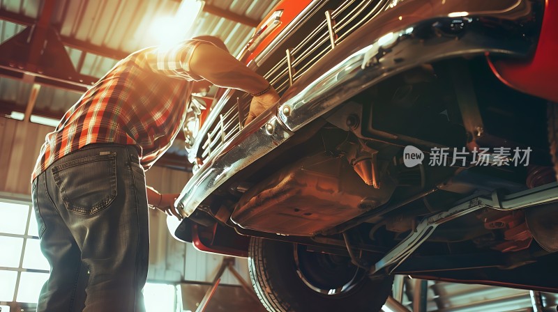 修车工人在车间里精心修理经典红色汽车