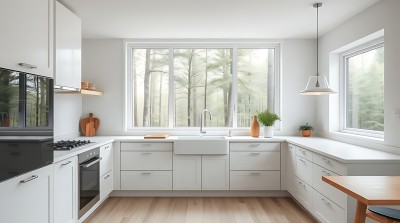 现代简约厨房自然光线充足白色橱柜搭配木质地板简洁大方 现代简约厨房自然光线充足白色橱柜搭配木质地板简洁大方