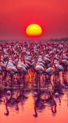 火红夕阳映照下的火烈鸟群 火红夕阳映照下的火烈鸟群