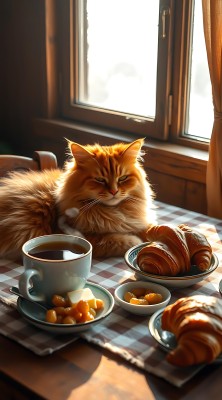 阳光下的橘猫与早餐