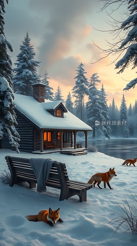 雪地小木屋与狐狸