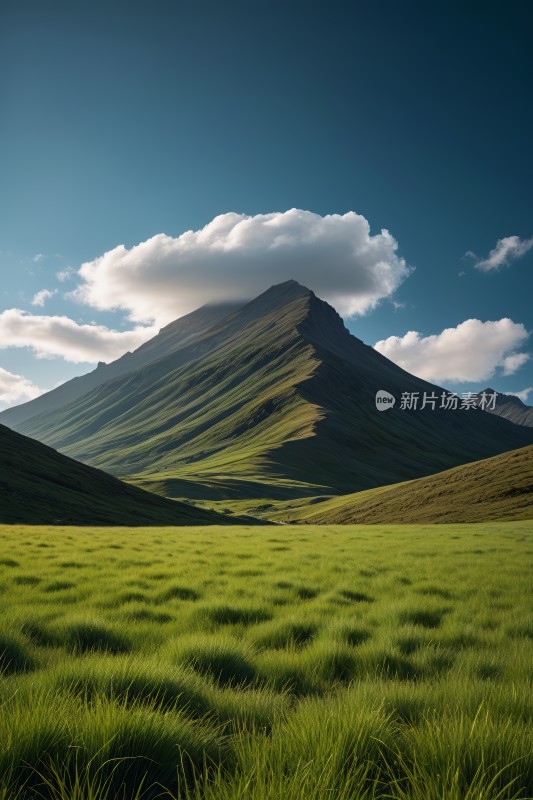 草地一座高山清图片