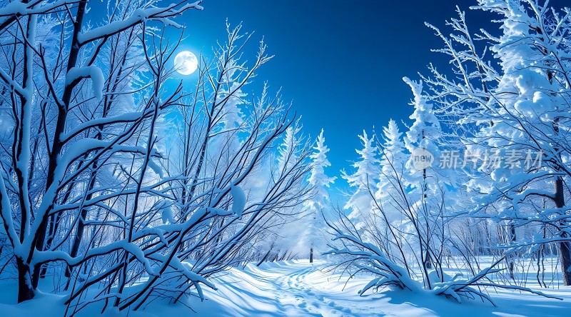 雪夜月下静谧森林