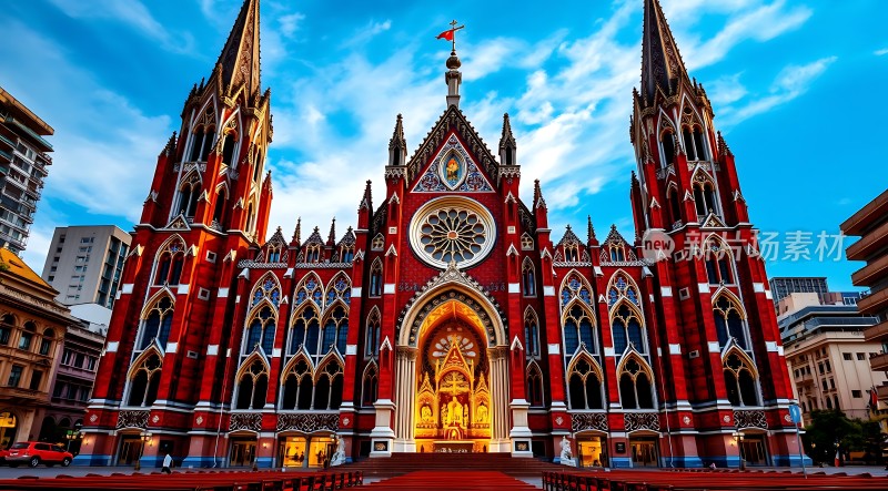 红色哥特式教堂蓝天下的宏伟建筑