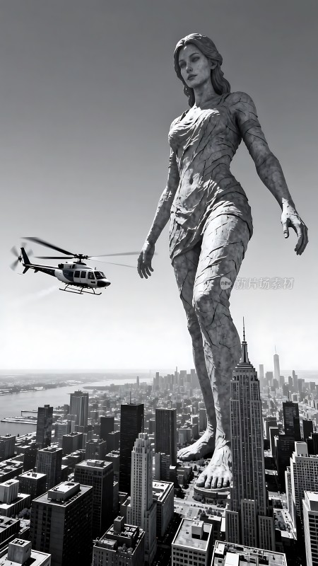 纽约天际线上的巨人雕像与直升机
