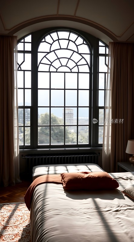 阳光洒满卧室舒适床铺与美景共赏