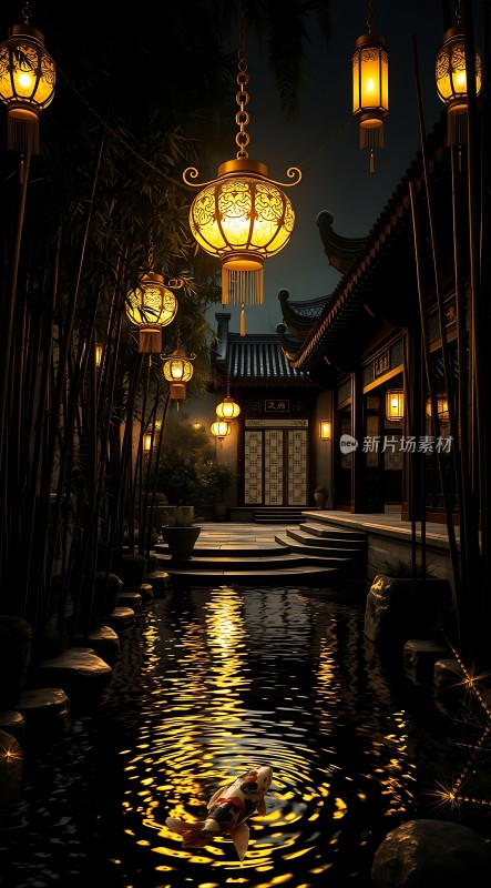 古风庭院夜色灯笼鱼戏水