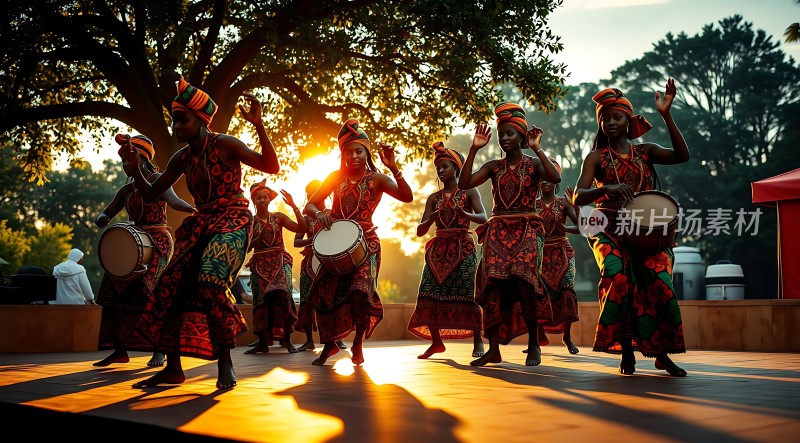 非洲舞者日落时分欢快起舞
