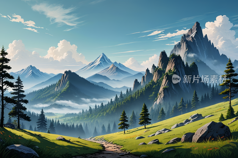 山景一条小路高清风景插画图片