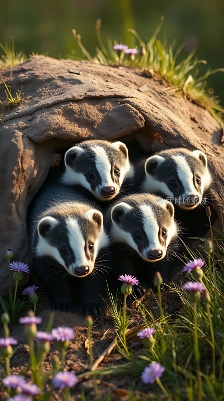 四只小獾探出头草地间紫花点缀