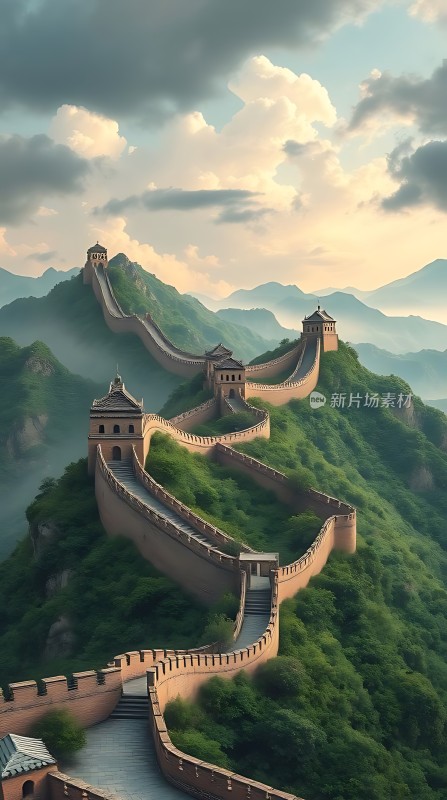 长城雄伟蜿蜒绿意盎然映衬下的壮丽景象