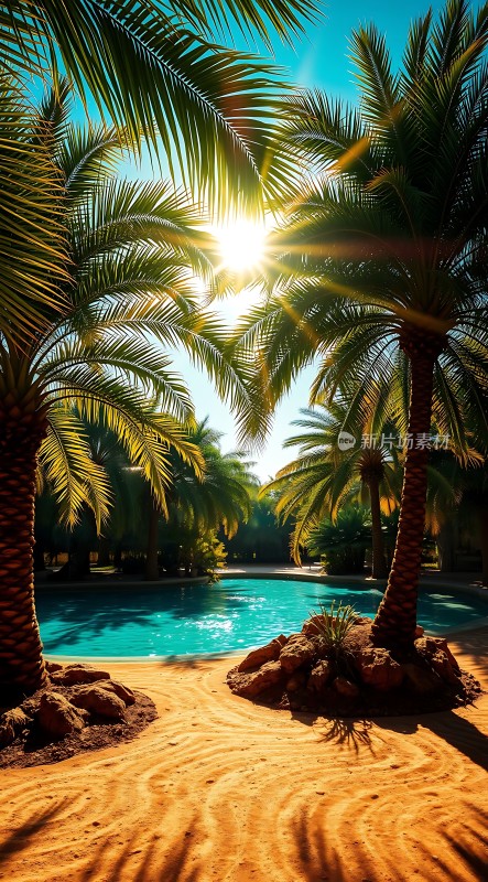 阳光下的热带风情泳池