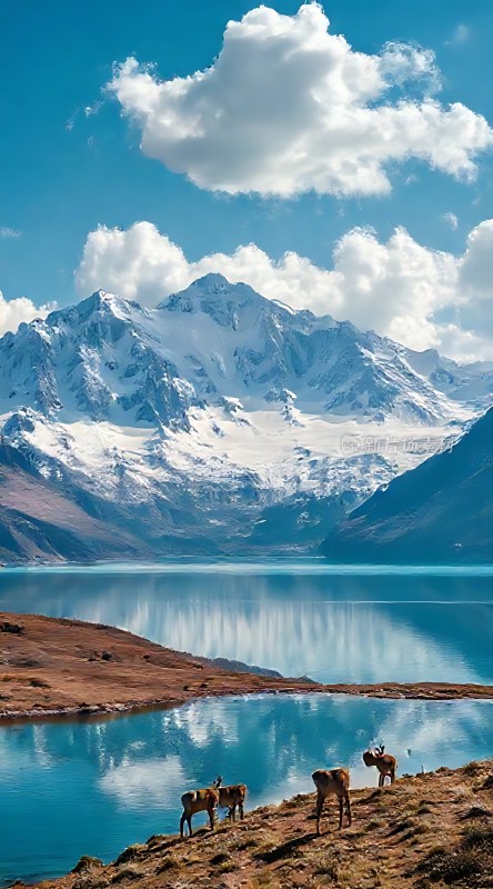 雪山倒影映碧波鹿群悠然立湖畔