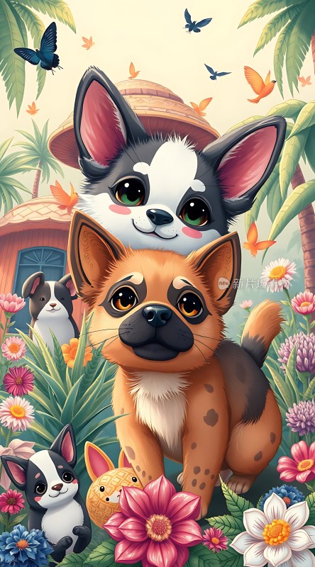 热带花园里的可爱小狗们